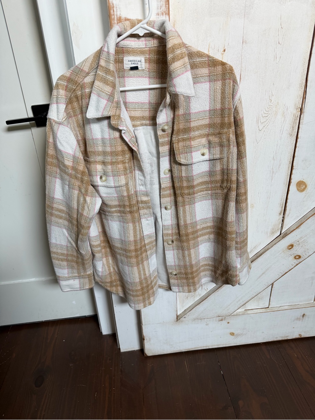American Eagle Cream & Pink Plaid Shacket